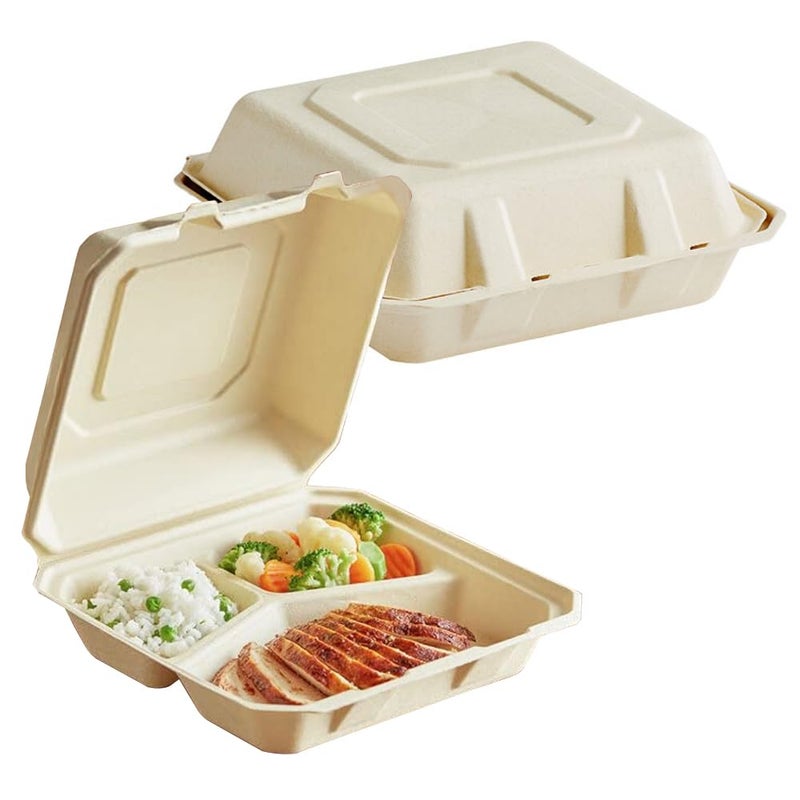 Perfectware 100 Compostable 3 Comp Take Out Food Containers 9 x9 Inch 40 Count HeavyDuty Quality to Go Containers Natural Disposable Bagasse EcoFriendly Biodegradable Made of Sugar Cane